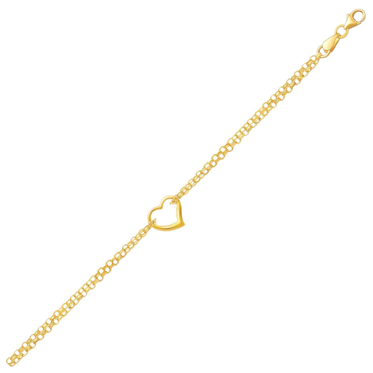 14k Yellow Gold Double Rolo Chain Anklet with an Open Heart Station in a sleek high-contrast midnight luxury editorial style